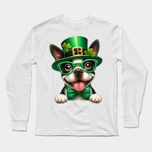 St Patricks Day Peeking Boston Terrier Dog Long Sleeve T-Shirt